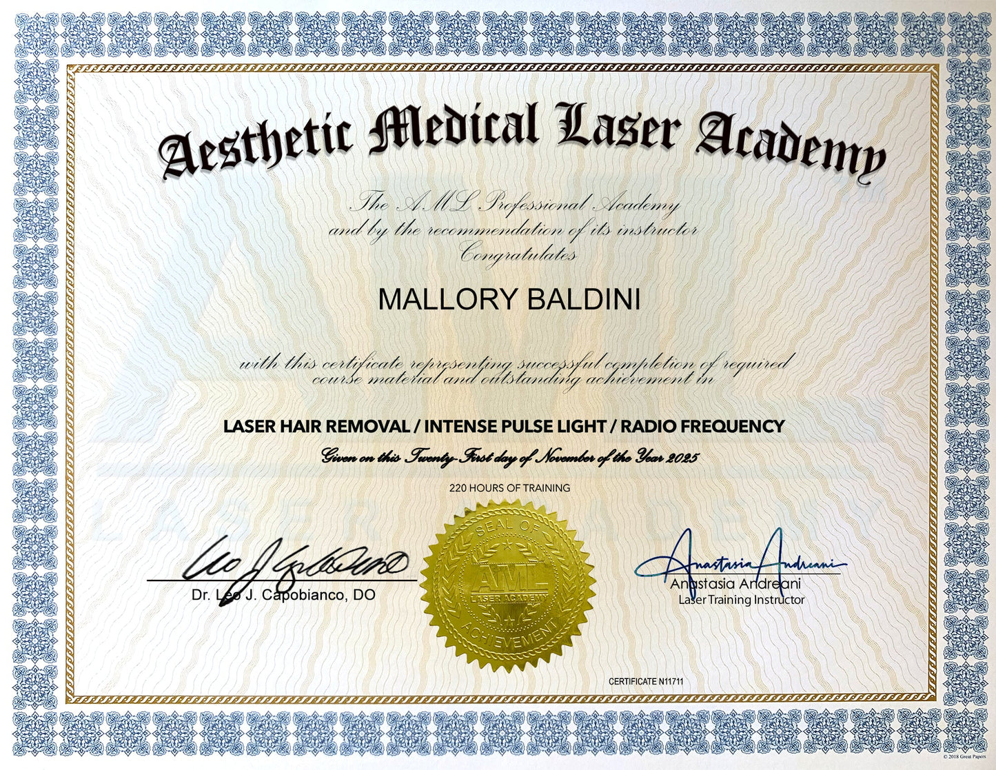 Original Certification AML Laser Academy